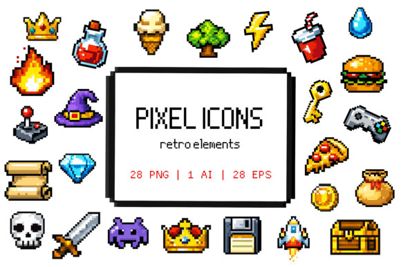 28 Pixel Game Icons 8bit Arcade for Retro Gaming and Design