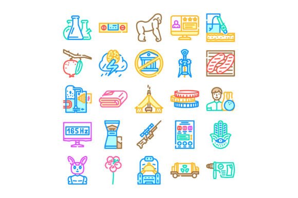 Collection of Diverse Icons Representing a Wide Range of Subjects