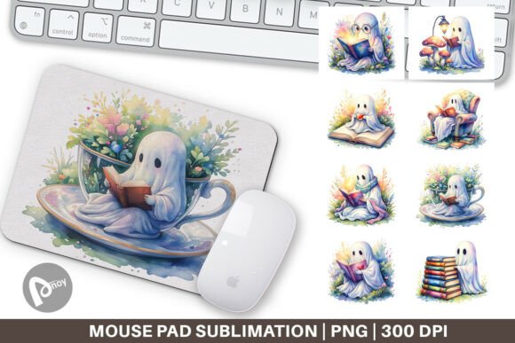 Cozy Bookworm Ghost Mouse Pad Design PNG