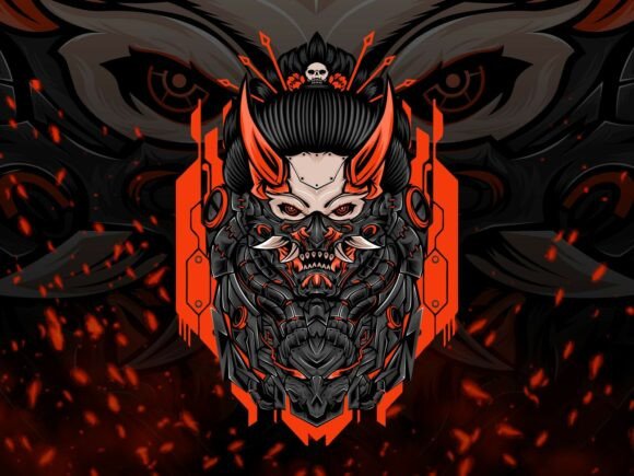 Cyber Oni Samurai Mask Mascot Logo