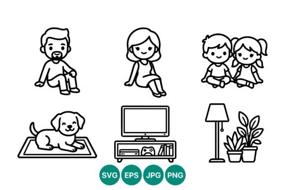 Family Members Dog TV Houseplants Line: A Versatile Set of Black and White Line Art Icons