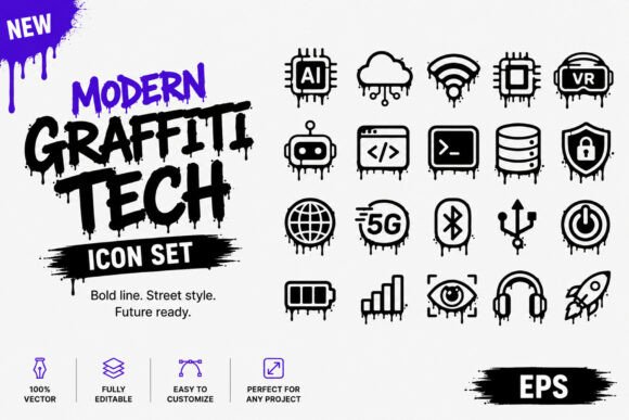 Modern Graffiti Tech Icon Set – Digital: A Fusion of Urban Energy and Futuristic Design