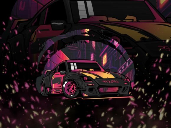 Neon Drift Car Illustration Mascot Logo