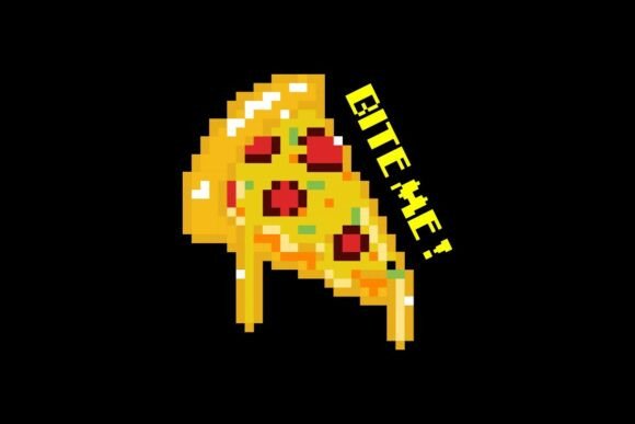 Pixel Art Pizza Slice with Bite Me Text: A Retro Gaming-Inspired Design for Modern Creativity