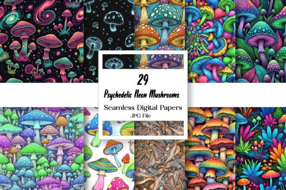 Psychedelic Neon Mushrooms Digital Paper